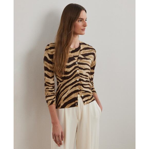 Lauren Ralph Lauren Sweaters - Lauren Ralph Lauren Women Zebra-Print Linen-Cotton Cardigan Brown Size XXL 1528